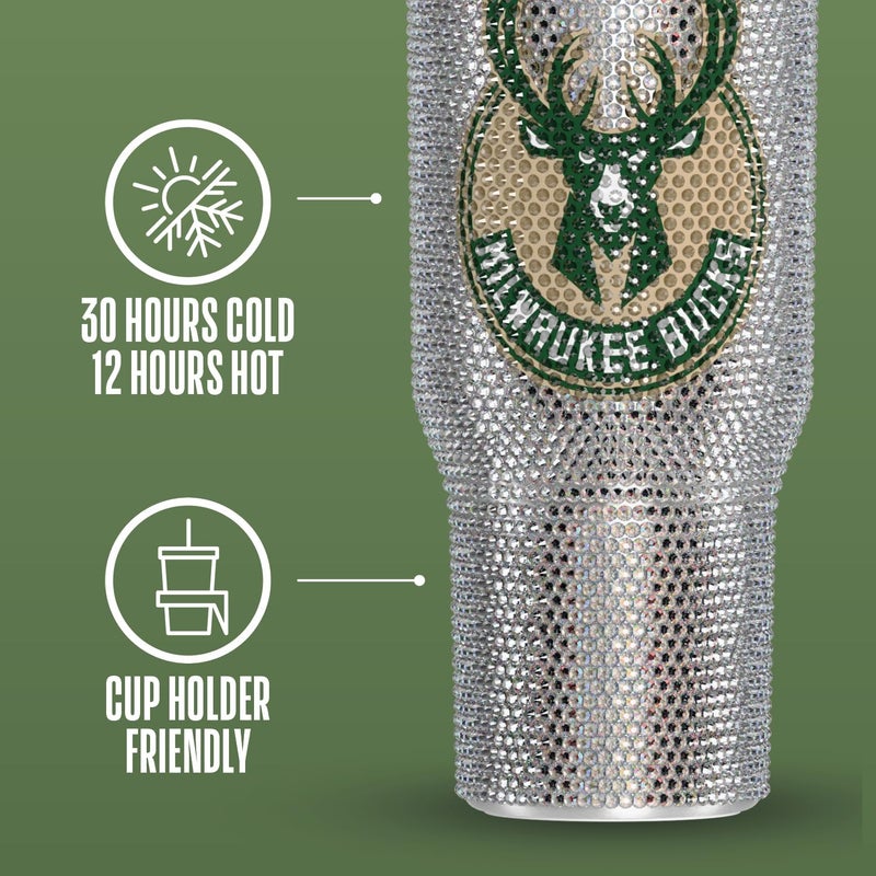 Hydrapeak x NBA Officially Licensed Milwaukee Bucks Voyager 40 oz Stainless Steel Bling Tumbler with Handle, Insulated Rhinestone Water Bottle With Straw & Lid, Includes Gift Box - Image 4